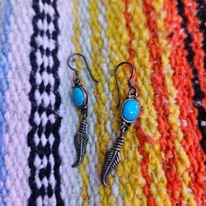 silver and turquoise feather dangle earrings